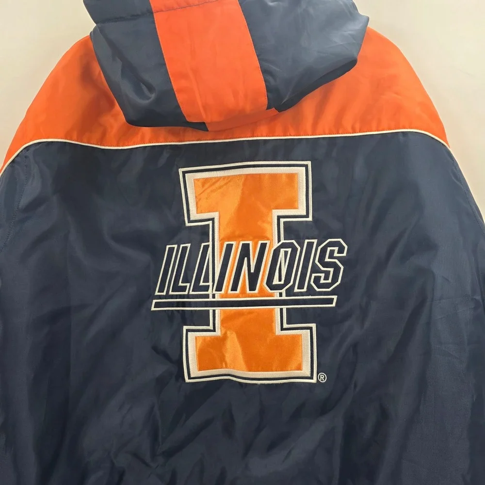 VINTAGE 90S ILLINOIS FIGHTING ILLINI PUFFER JACKET MENS LARGE BLUE ORANGE NEW!!